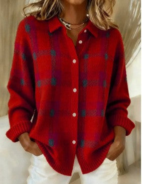 Damen Kariertes Strick-Hemdjacke-Cardigan mit Hemdkragen und gerippten Bündchen Echoarchiv