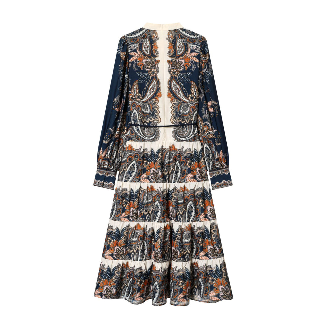 Damen nan fließendes Maxikleid mit Paisley-Muster, Taillenzug, Stehkragen und Stufenrock Echo Archiv