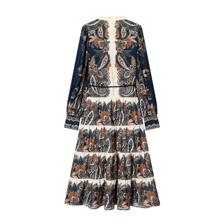 Damen nan fließendes Maxikleid mit Paisley-Muster, Taillenzug, Stehkragen und Stufenrock Echo Archiv