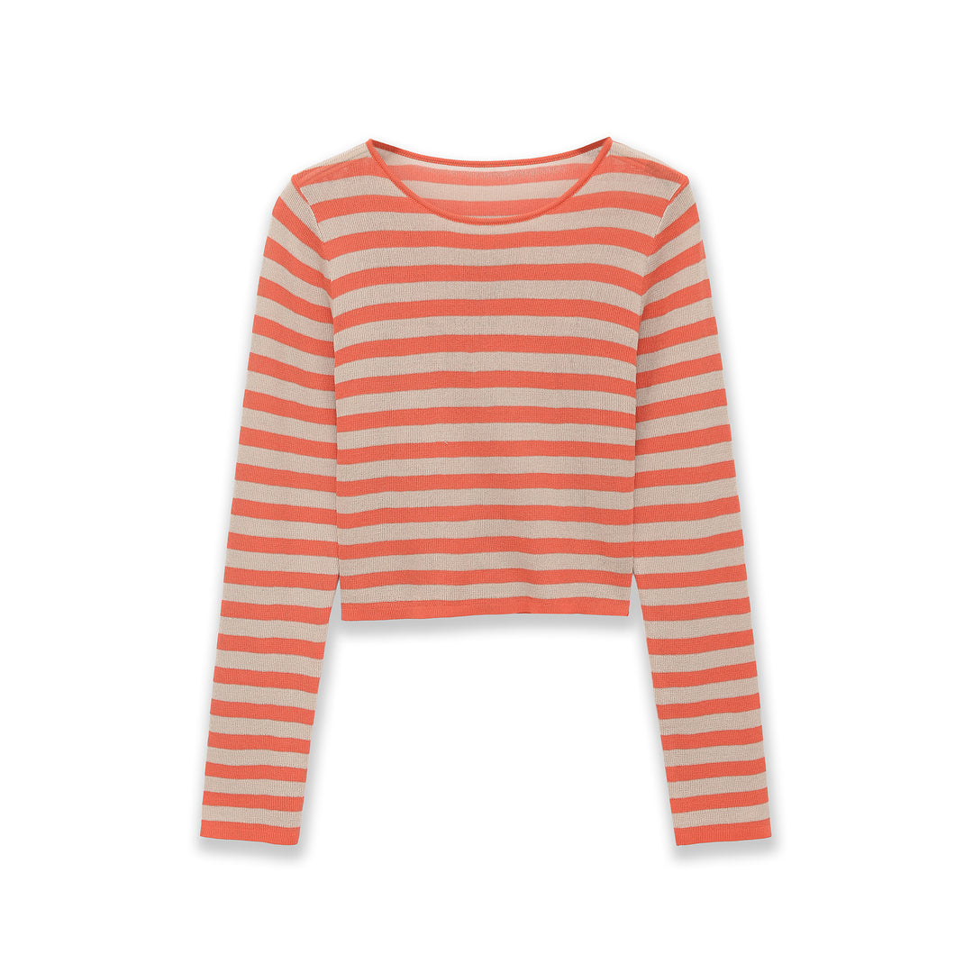 Damen Gestreifter Cropped-Feinstrickpullover mit U-Boot-Ausschnitt Echoarchiv