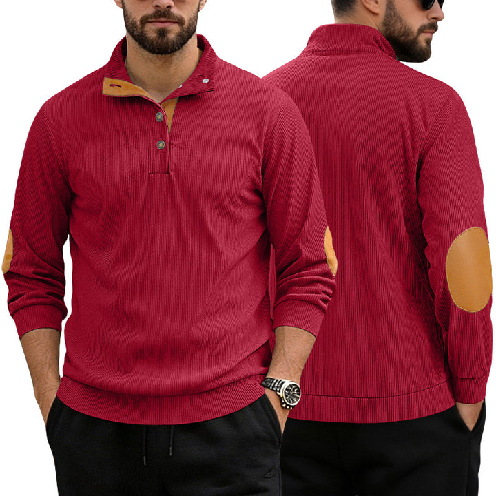 Herren nan lässiger Strukturpullover mit Polokragen, kurzer Knopfleiste und veganen Lederbesätzen Echo Archiv
