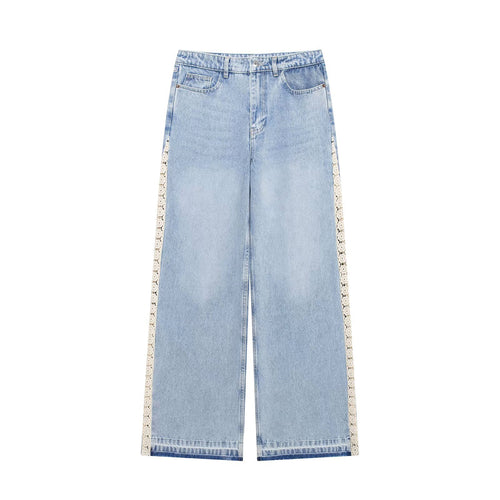Damen Highwaist Cropped Wide‑Leg Jeans mit Häkelspitzen-Seitenstreifen Echo Archiv