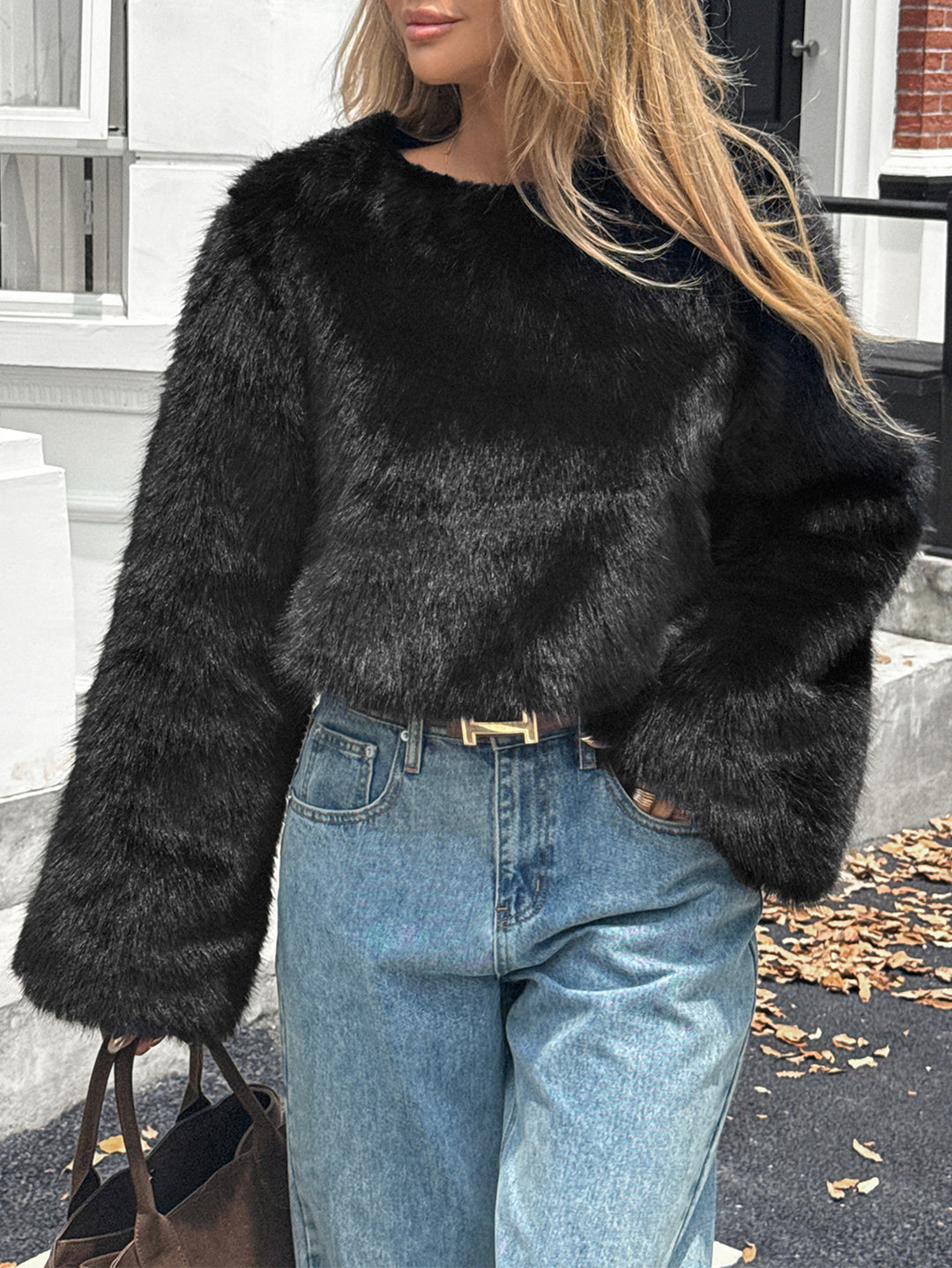 Damen kuscheliger Cropped-Faux-Fur-Pullover mit ausgestellten Ärmeln – Mavelle