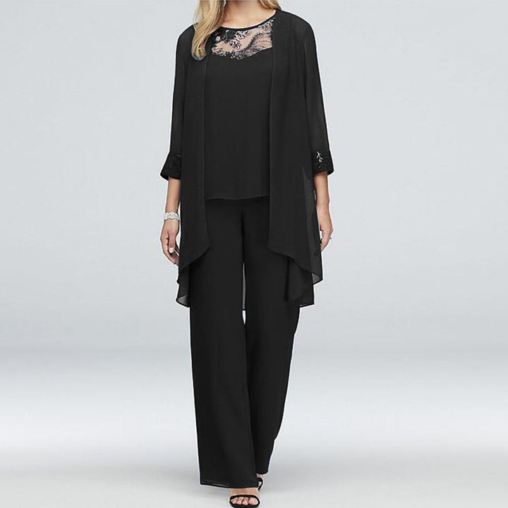 Damen nan fließendes Chiffon-Abendensemble mit Spitzenbesatz, Kimono-Cardigan und weiter Palazzohose Echo Archiv