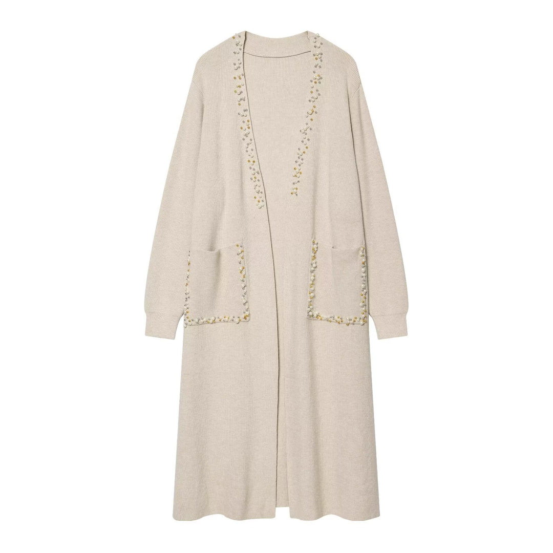 Damen langer Strickcardigan mit Perlenverzierung Echoarchiv