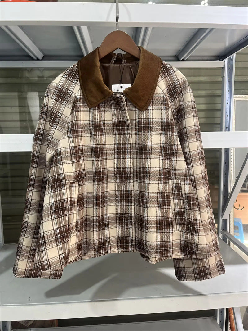 Damen nan karierte Übergangsjacke mit kontrastierendem Samtkragen, verdeckter Frontleiste und Eingrifftaschen Echo Archiv