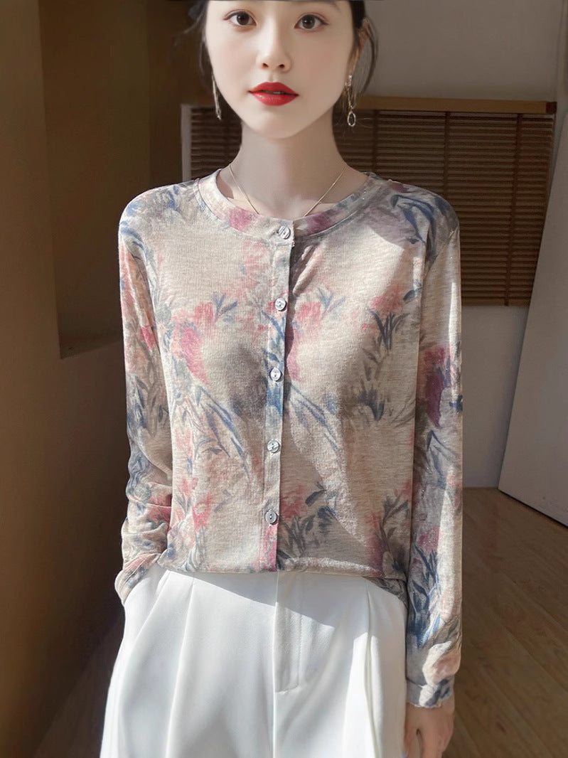 Damen Leichter Aquarell‑Print Feinstrick‑Cardigan mit Rundhalsausschnitt und Knopfleiste Echoarchiv