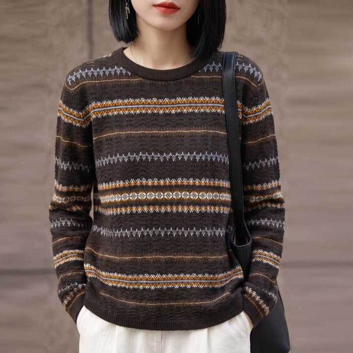 Damen Leichter Fair‑Isle Feinstrickpullover mit Rundhalsausschnitt und feiner Streifenstruktur Echoarchiv