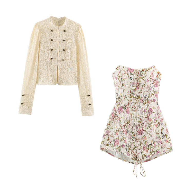 Damen Kurzblouson aus floraler Spitze mit Mandarinkragen und Zierriegeln Echo Archiv