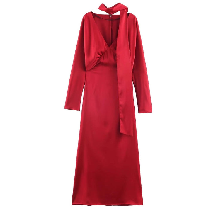 Damen 10+ langes Satin‑Maxikleid mit V‑Ausschnitt, taillierter Silhouette und Halstuch Echo Archiv