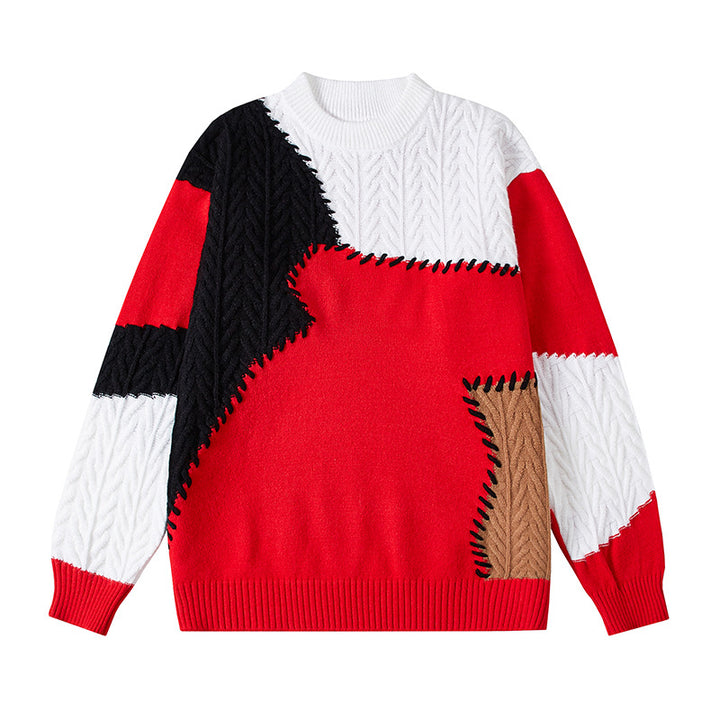 Herren nan strukturierter Patchwork-Strickpullover mit Zopfmuster und Rundhals Echo Archiv