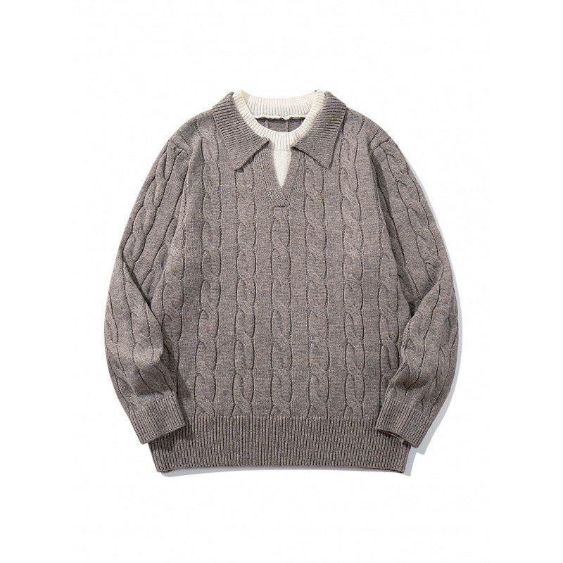 Herren Grobgestrickter Zopfmuster-Pullover mit Polokragen und V‑Ausschnitt Echo Archiv
