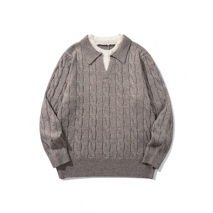 Herren Grobgestrickter Zopfmuster-Pullover mit Polokragen und V‑Ausschnitt Echo Archiv