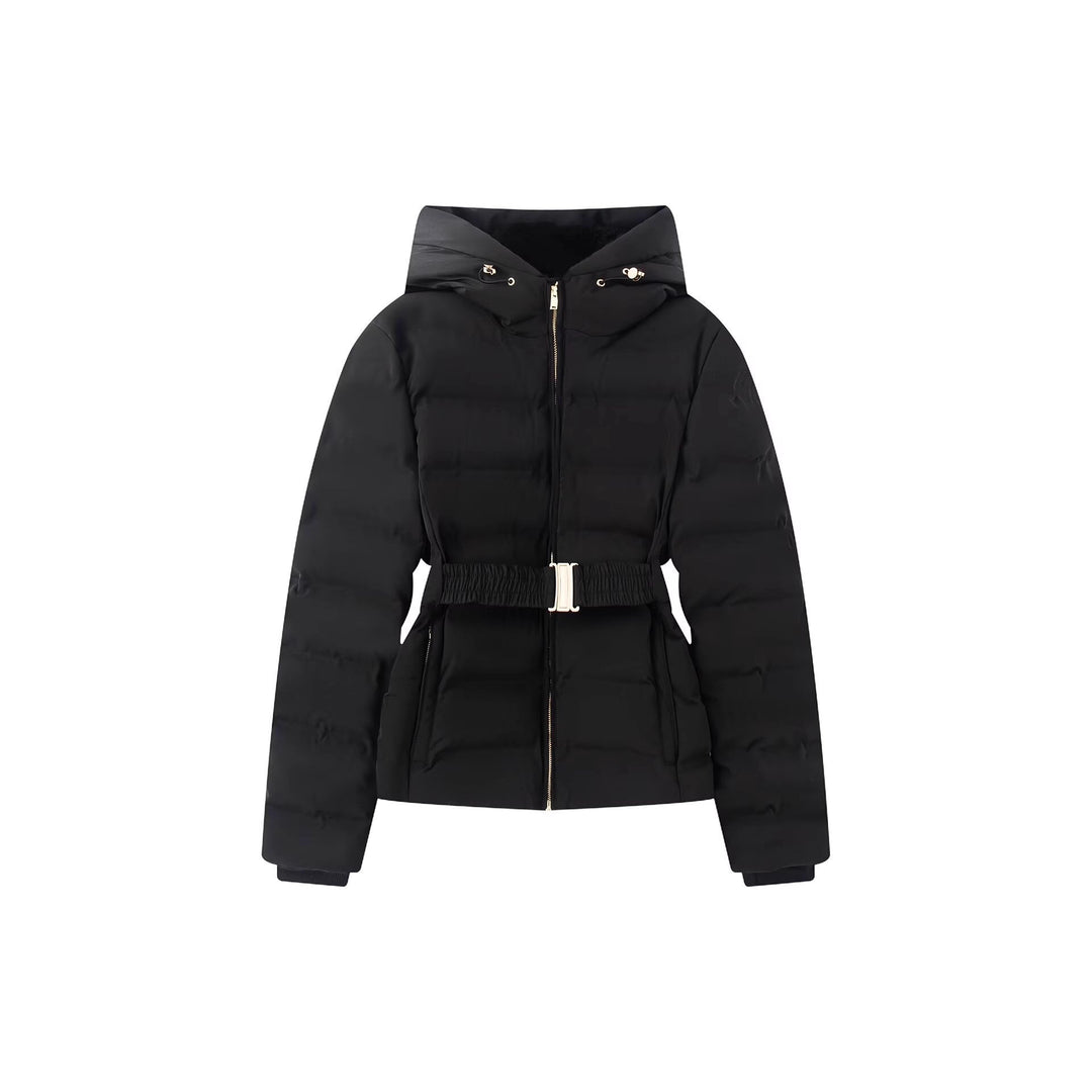 Damen Glänzende Daunenoptik-Steppjacke mit Kapuze und tailliertem Zugbandgürtel Echo Archiv