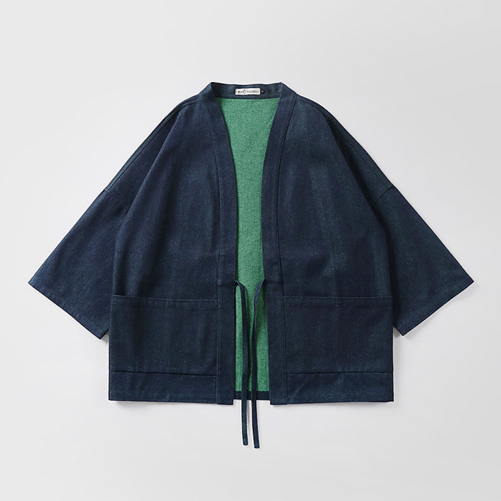 Unisex weit geschnittene Kimono-Jacke aus Baumwoll-Denim mit Bindeband und großen Aufgesetzten Taschen Echoarchiv