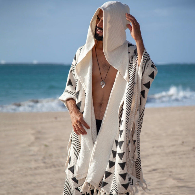 Herren Strandponcho mit Kapuze und geometrischem Jacquardmuster Echoarchiv