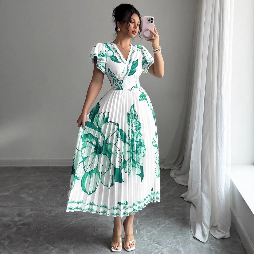 Damen Plissiertes Maxi-Jersey-Kleid mit floralen Akzenten und V-Ausschnitt Echo Archiv