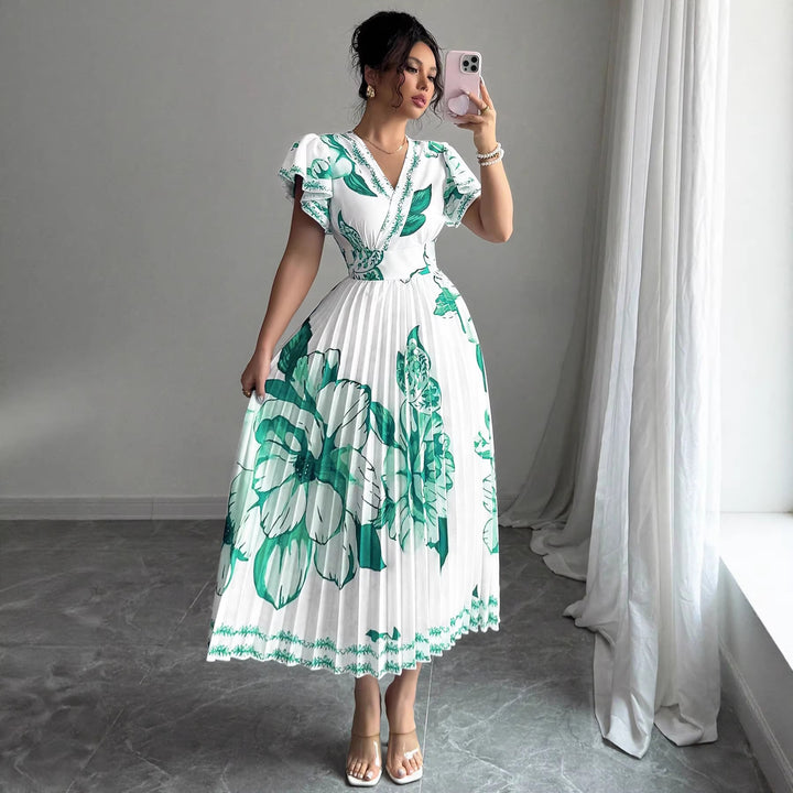 Damen Plissiertes Maxi-Jersey-Kleid mit floralen Akzenten und V-Ausschnitt Echo Archiv