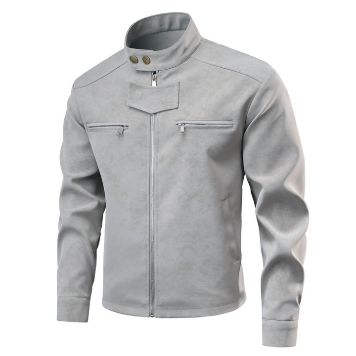 Herren Velourslederoptik-Bikerjacke mit Stehkragen, Brustreißverschlusstaschen & verdeckter Druckknopfblende Echoarchiv