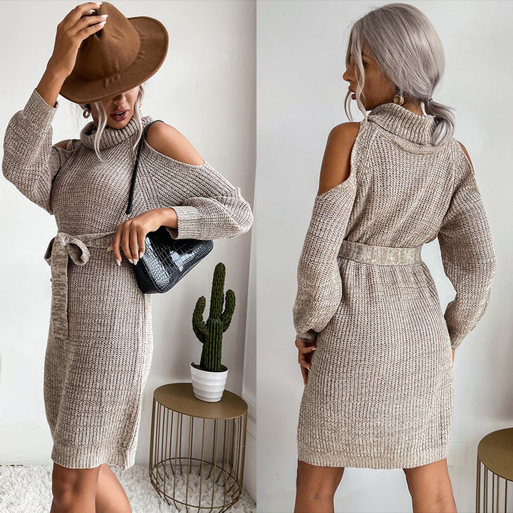 Damen Schulterfreies Rollkragen-Strickkleid mit Taillengürtel Echoarchiv
