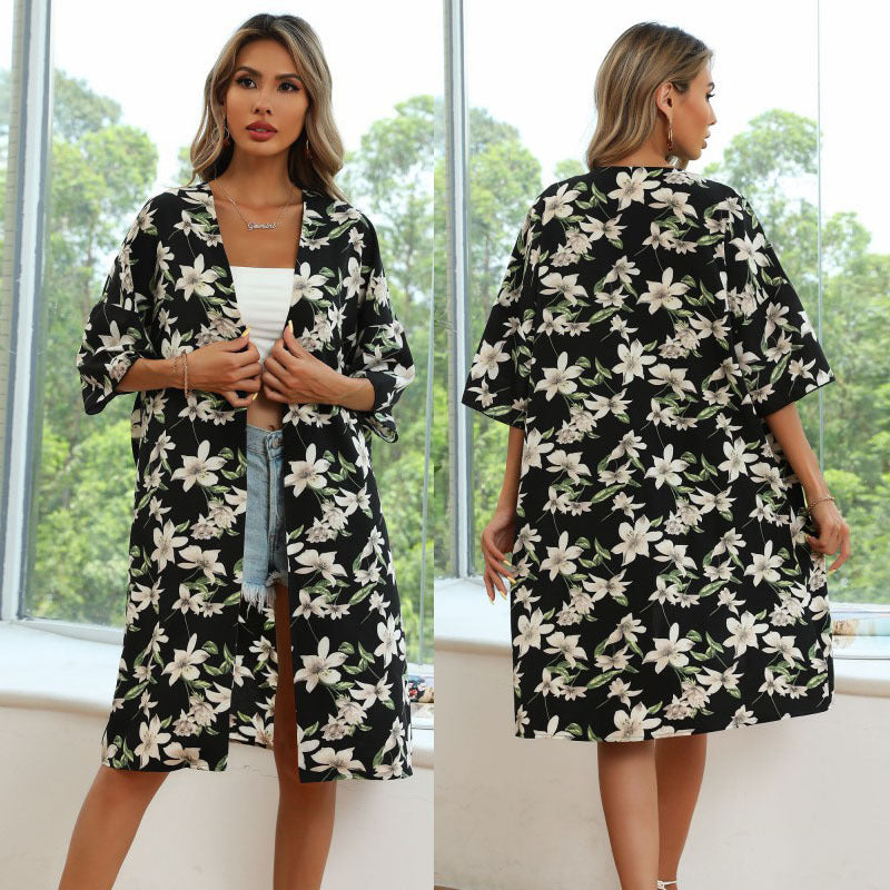 Damen Langer Kimono‑Blütenmantel mit floralem Print, offener Front und 3/4‑Ärmeln Echoarchiv