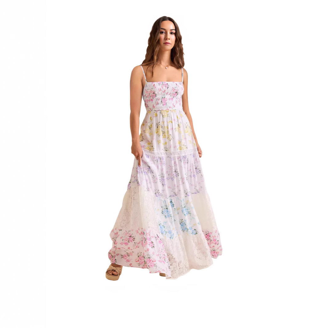 Damen Boho Maxikleid mit elastischem Oberteil und Spitzenakzenten Echo Archiv