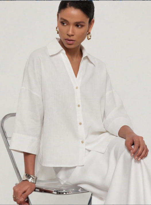 Damen Leichte Oversize Leinenoptik Bluse mit Dreiviertelärmeln und durchgehender Knopfleiste Echoarchiv