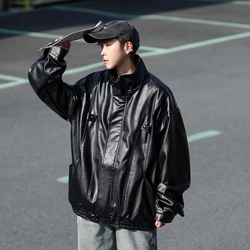 Herren Oversized Kunstlederjacke im Bomberstil mit Stehkragen und elastischem Saum Echoarchiv