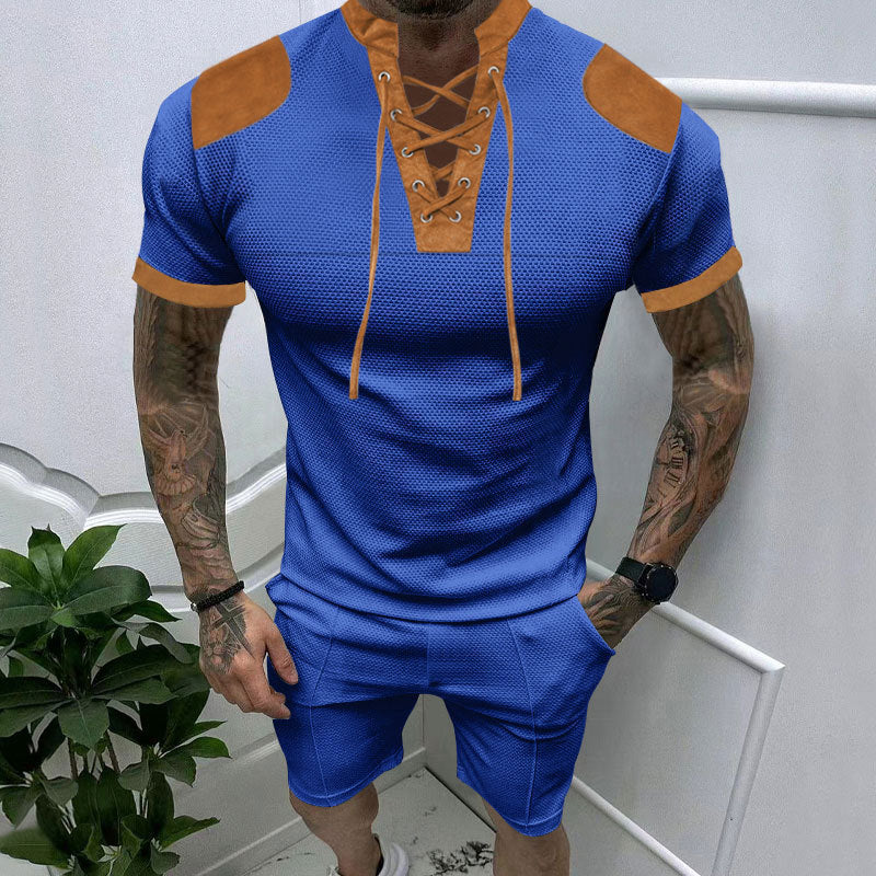 Herren lässiges Kurzarmshirt mit einzigartigem Schnürdesign und modernen Akzenten Echoarchiv