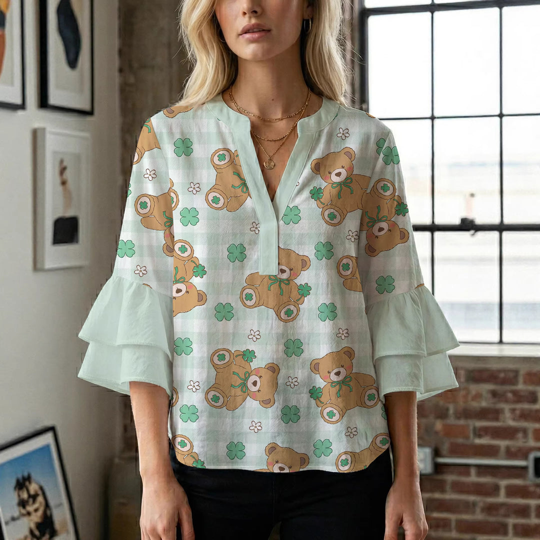 Damen Bluse mit voluminösen Flügelärmel und intensivem Blattmuster Echo Archiv