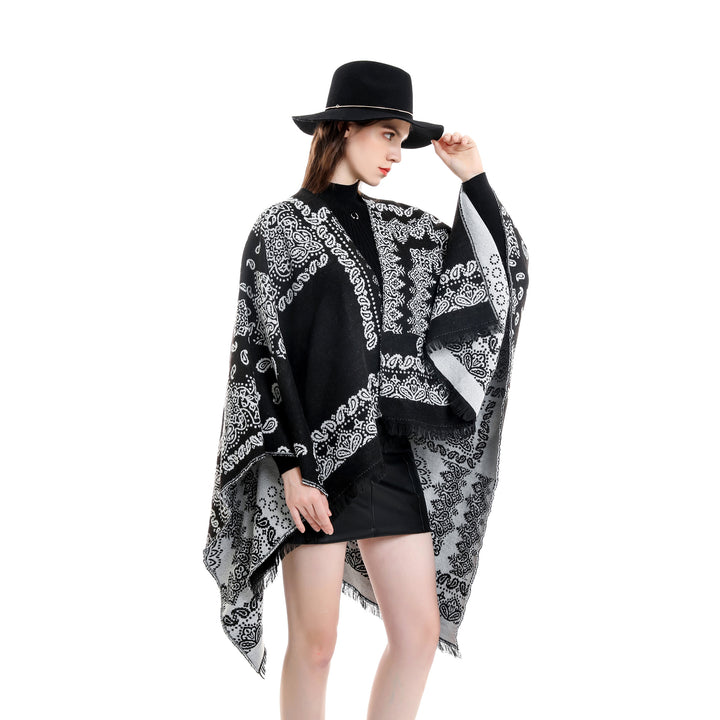 Damen Jacquard-Umhangponcho mit Paisley-Muster und Fransen Echo Archiv