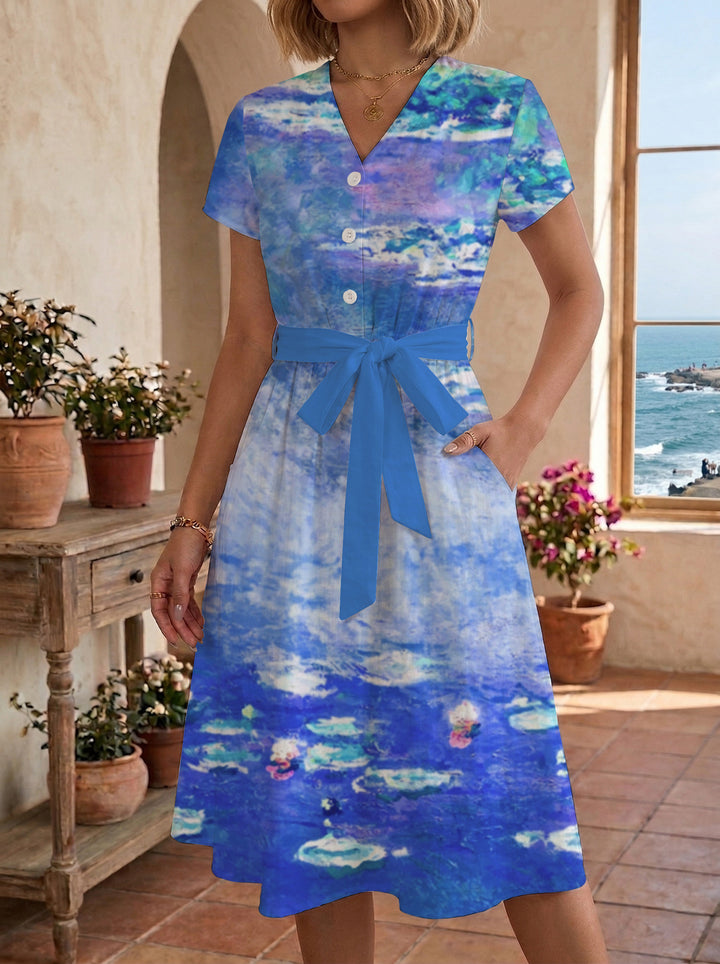 Damen Blühendes Midikleid mit taillierbarem Gürtel und kunstvollem Print Echo Archiv