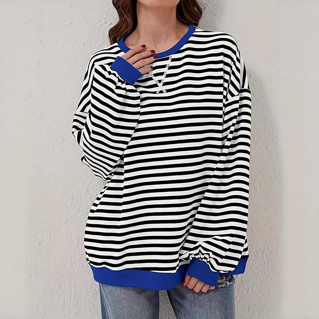 Damen Lässiges Oversize-Streifen-Sweatshirt mit Raglanärmeln und Kontrastbündchen – Mavelle