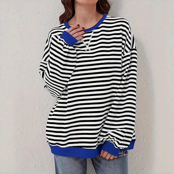 Damen Lässiges Oversize-Streifen-Sweatshirt mit Raglanärmeln und Kontrastbündchen – Mavelle