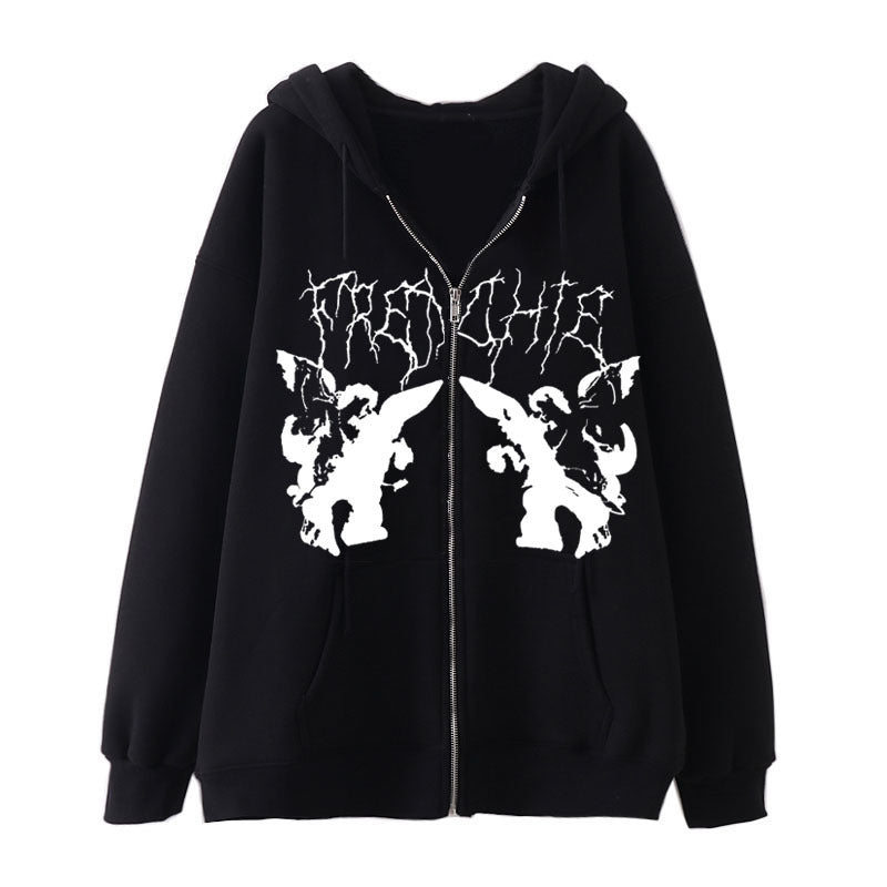 Damen Kapuzenjacke mit durchgehendem Reißverschluss und Rippenherz-Print – Auréline