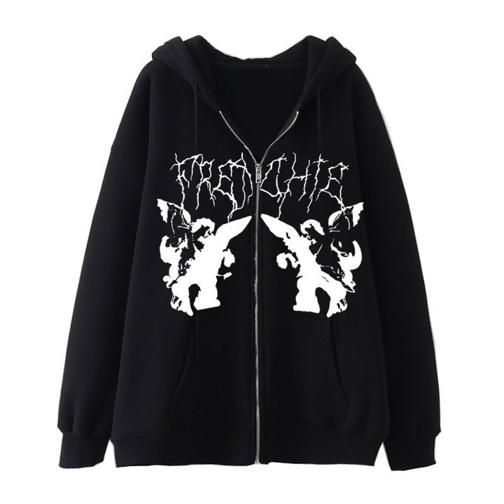 Damen Kapuzenjacke mit durchgehendem Reißverschluss und Rippenherz-Print – Auréline