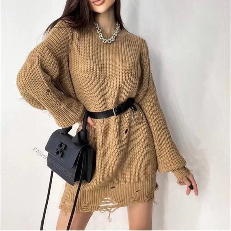 Damen Oversize Grobstrick-Minikleid mit Destroy-Effekt und Rundhalsausschnitt – Élara
