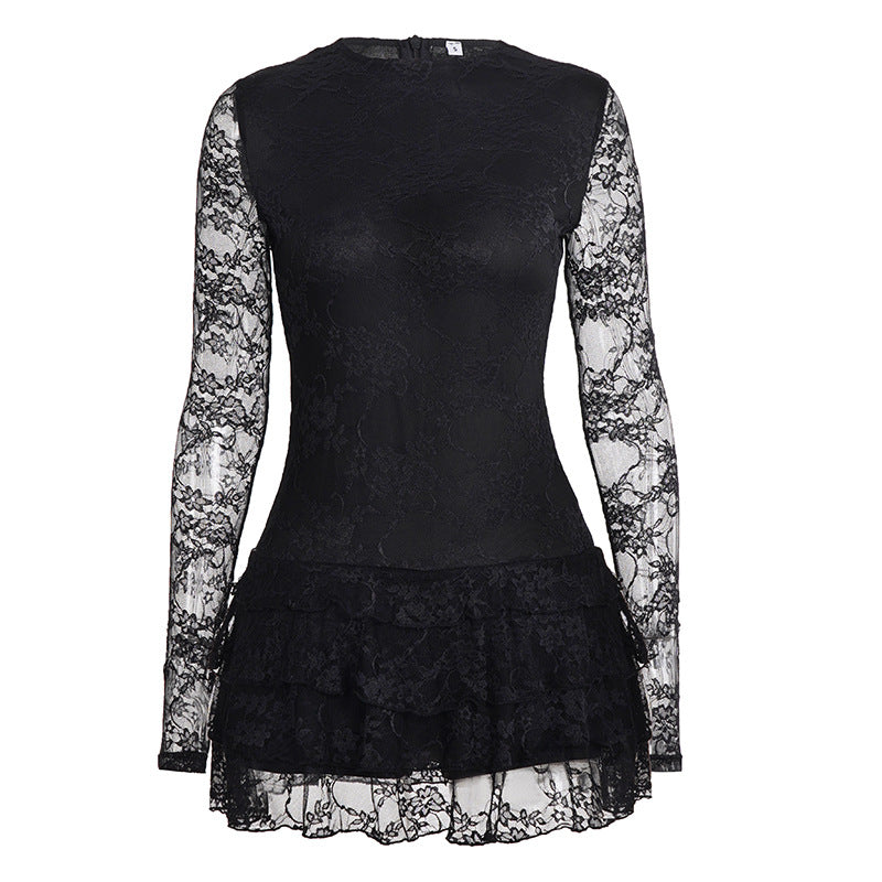 Damen Spitzenkleid mit voluminösen Rüschendetails und langem Arm Echo Archiv