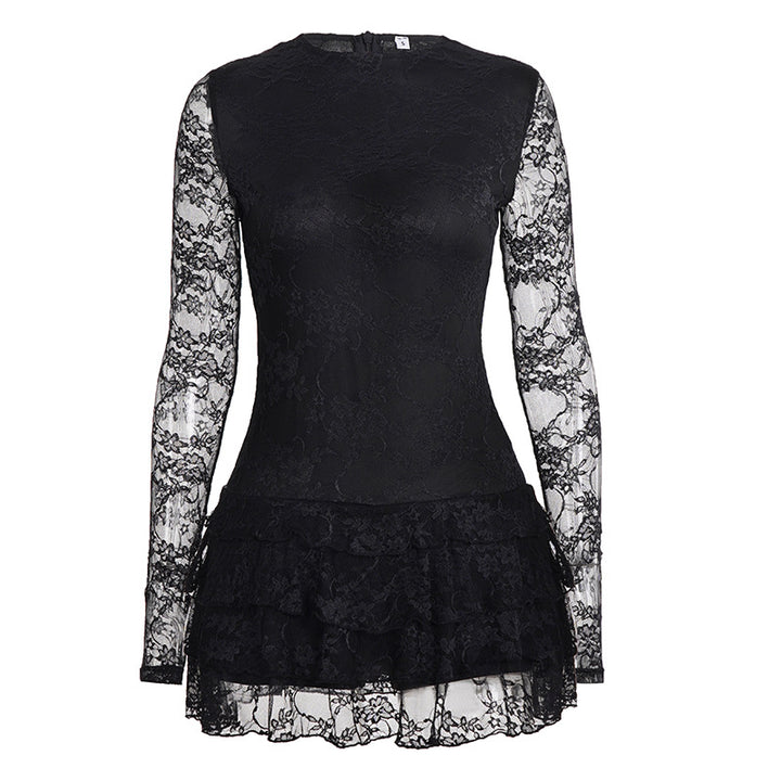 Damen Spitzenkleid mit voluminösen Rüschendetails und langem Arm Echo Archiv