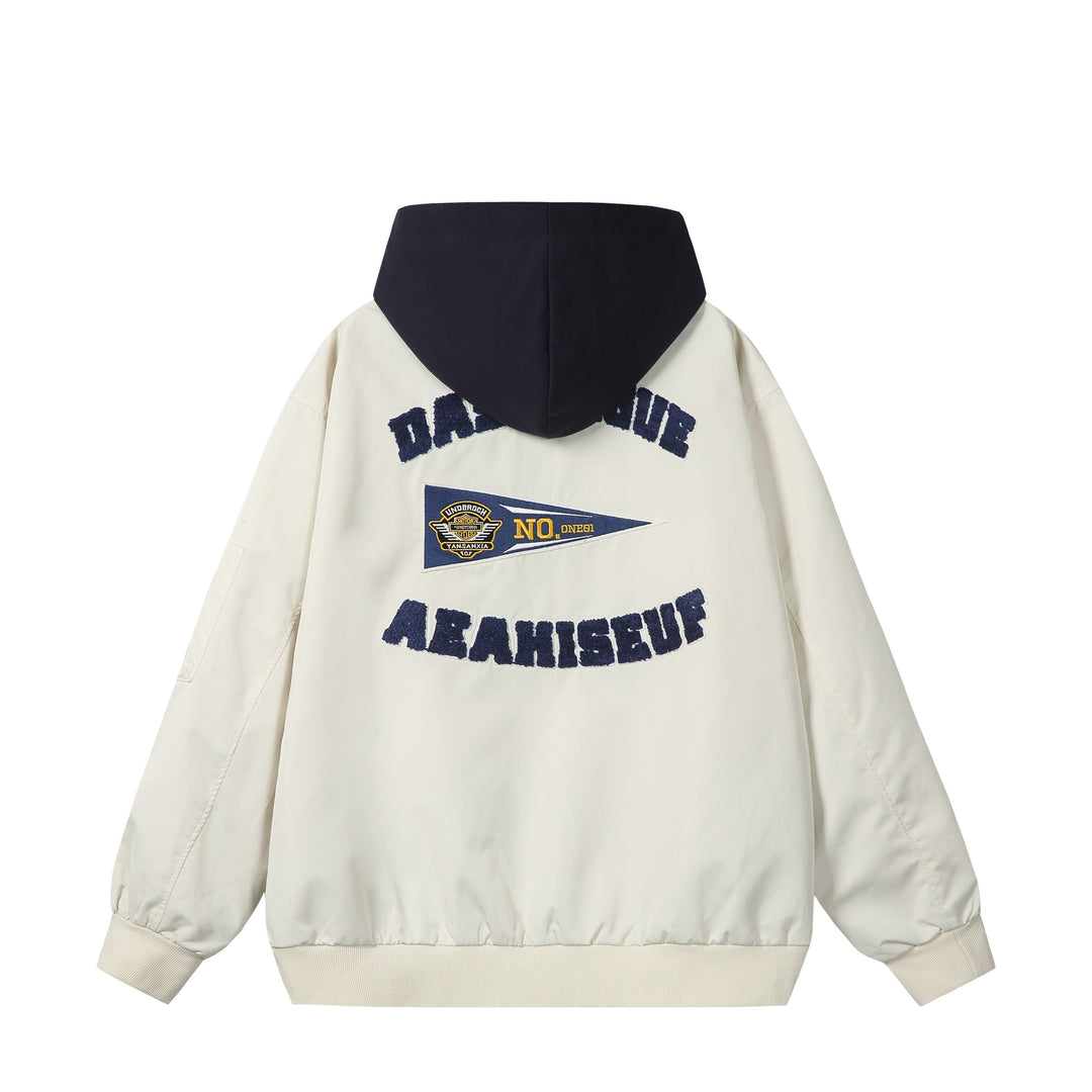 Unisex Boxy-Mehrlagige Bomberjacke mit integrierter Kapuze und Collegiate-Patch Echoarchiv