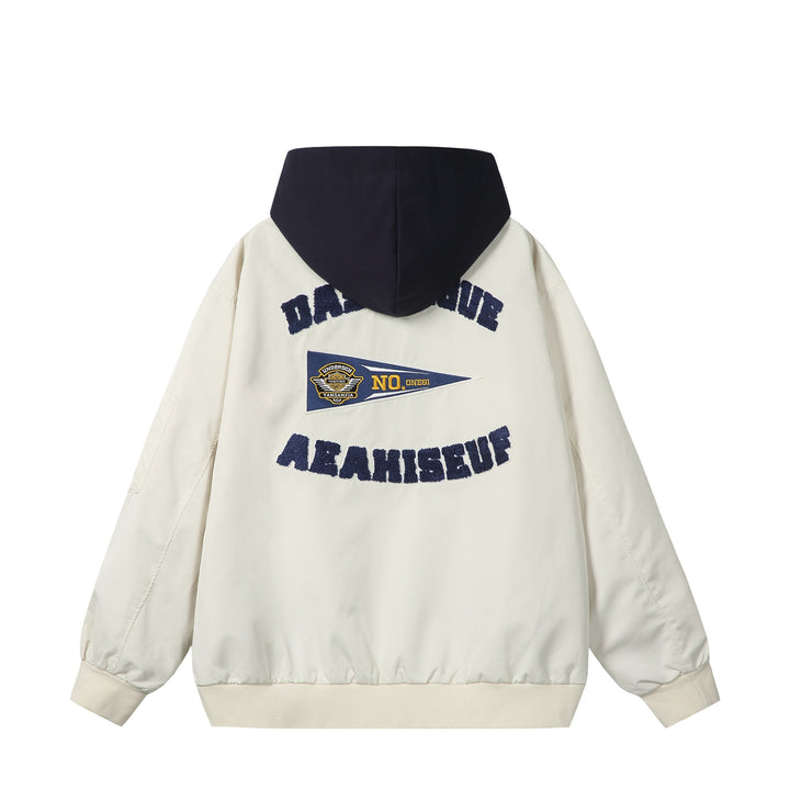 Unisex Boxy-Mehrlagige Bomberjacke mit integrierter Kapuze und Collegiate-Patch Echoarchiv