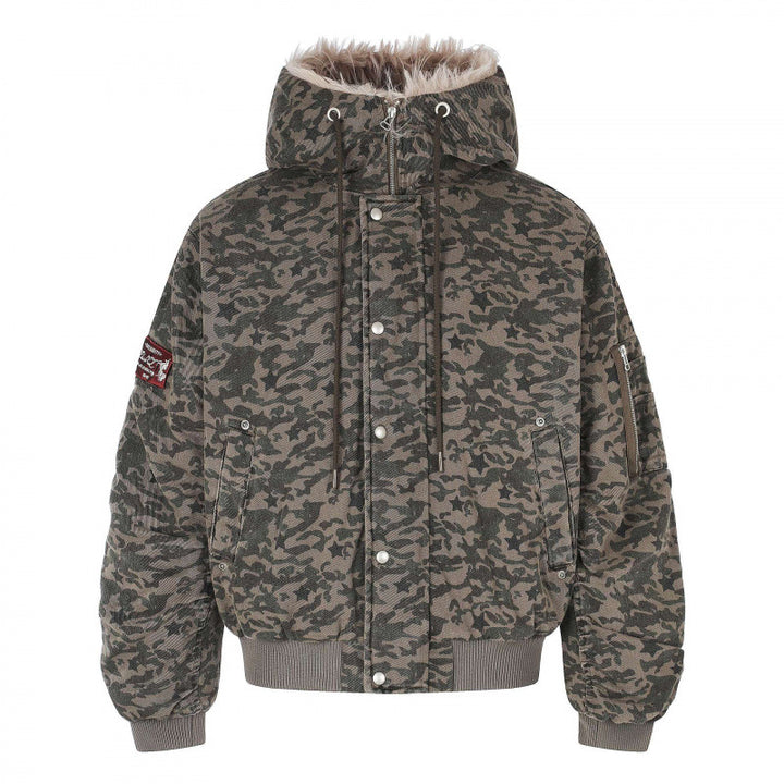 Unisex Weitgeschnittene wattierte Bomberjacke mit Kapuze und Kunstfellbesatz Echo Archiv