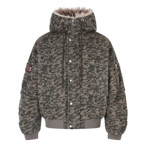 Unisex Weitgeschnittene wattierte Bomberjacke mit Kapuze und Kunstfellbesatz Echo Archiv