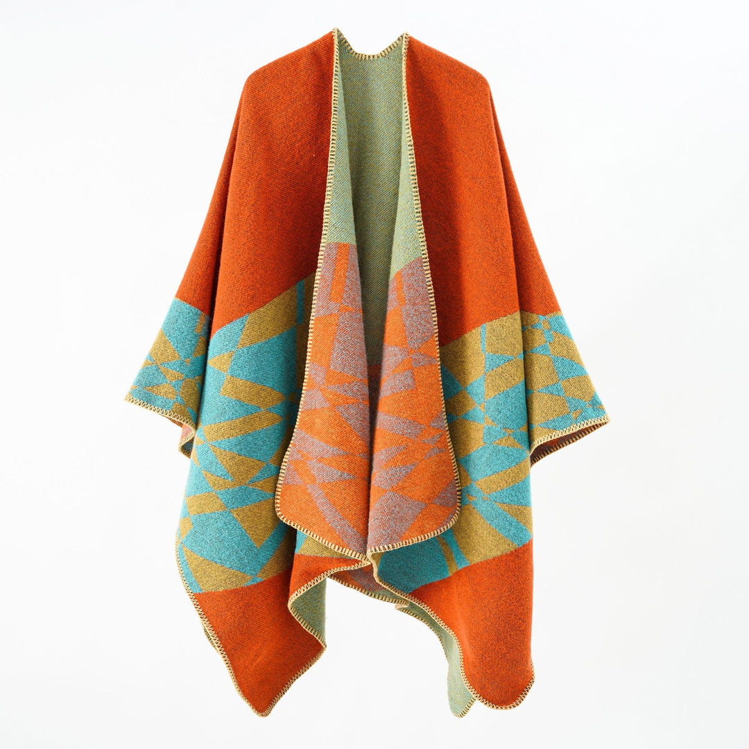 Damen Großer Strickponcho im Cape‑Schnitt mit Ziernaht und geometrischem Intarsia – Veloura
