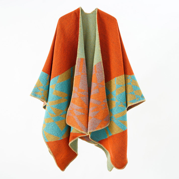 Damen Großer Strickponcho im Cape‑Schnitt mit Ziernaht und geometrischem Intarsia – Veloura