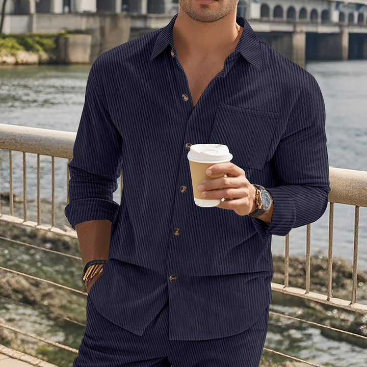 Herren gestreiftes Langarmshirt mit modischem Stehkragen und praktischer Brusttasche Echoarchiv