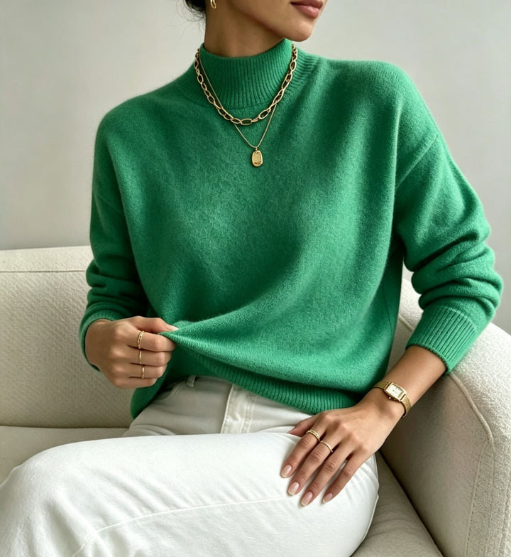 Damen kuscheliger Feinstrickpullover mit Stehkragen und überschnittener Schulter – Mavelle