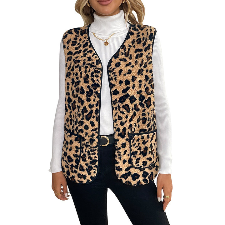 Damen Gefütterte Teddy‑Weste mit Leopardenmuster und aufgesetzten Taschen – Célinea