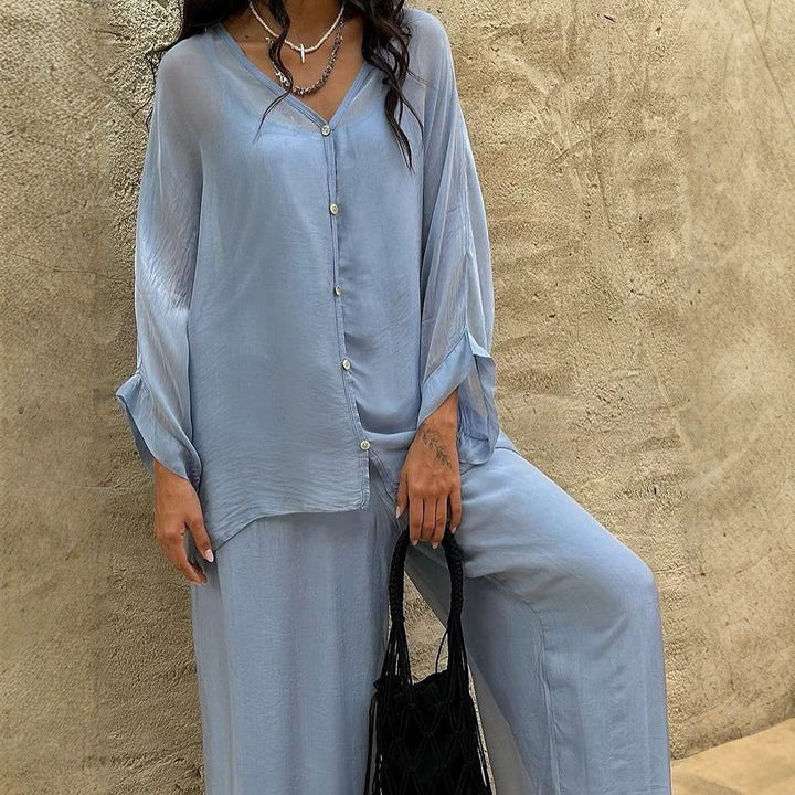 Damen Dreiteiliges Loungewear-Set aus leichter Viskose mit Oversize-Bluse, Top und weiter Palazzohose Echoarchiv