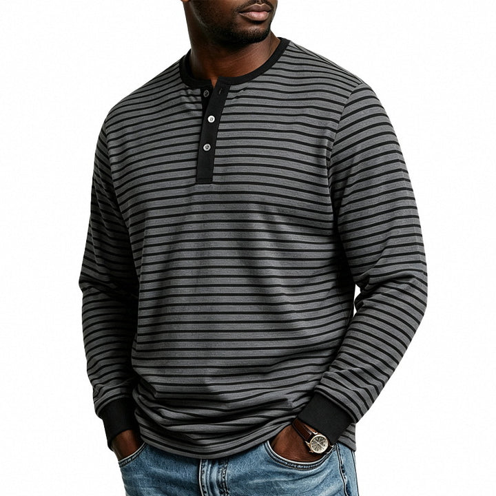 Herren Gestreiftes Langarm-Henleyshirt aus Baumwollmischung mit Knopfleiste Echoarchiv